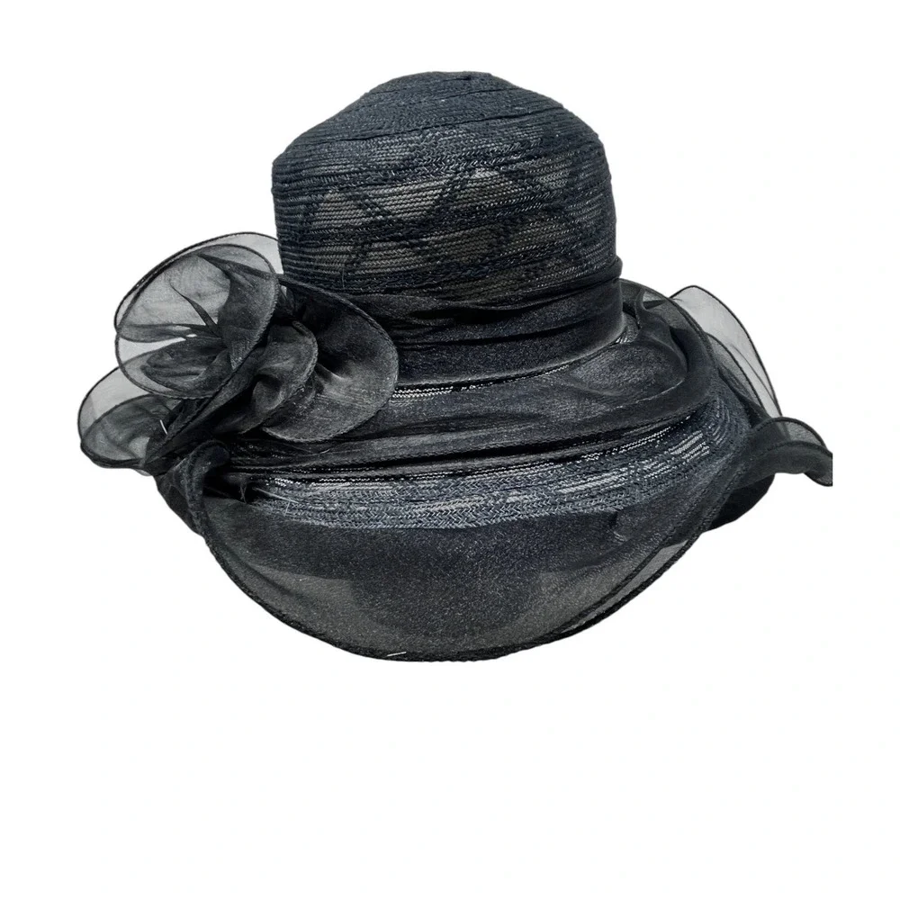 2 Fancy Hats High Tea Wedding Event Dressy White & Black Sheer Ruffle One Size‎